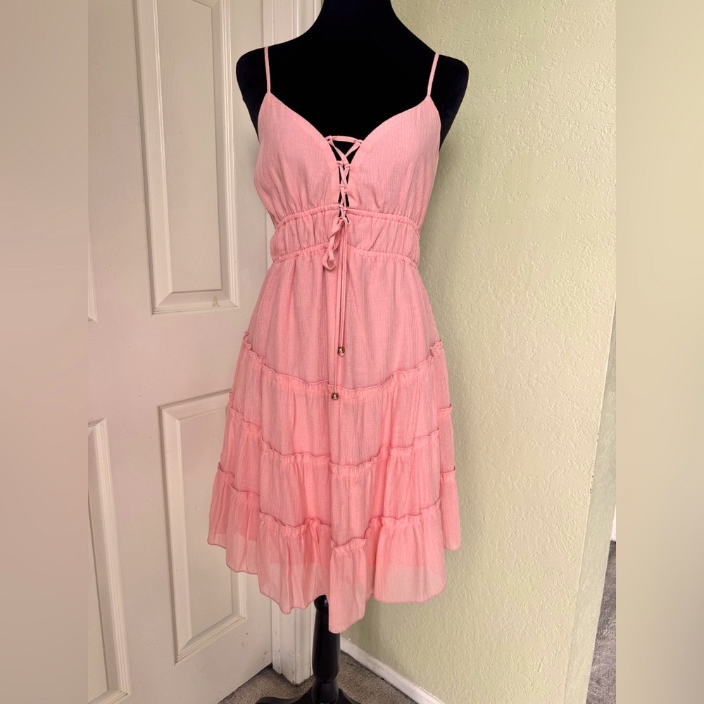 NWT HYFVE Peach Spaghetti Strap lace Front Tiered Ruffled Dress